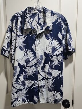 Palmwave Hawaii Aloha Shirt Navy Blue/White Tropical Floral Design Cotto Size XL
